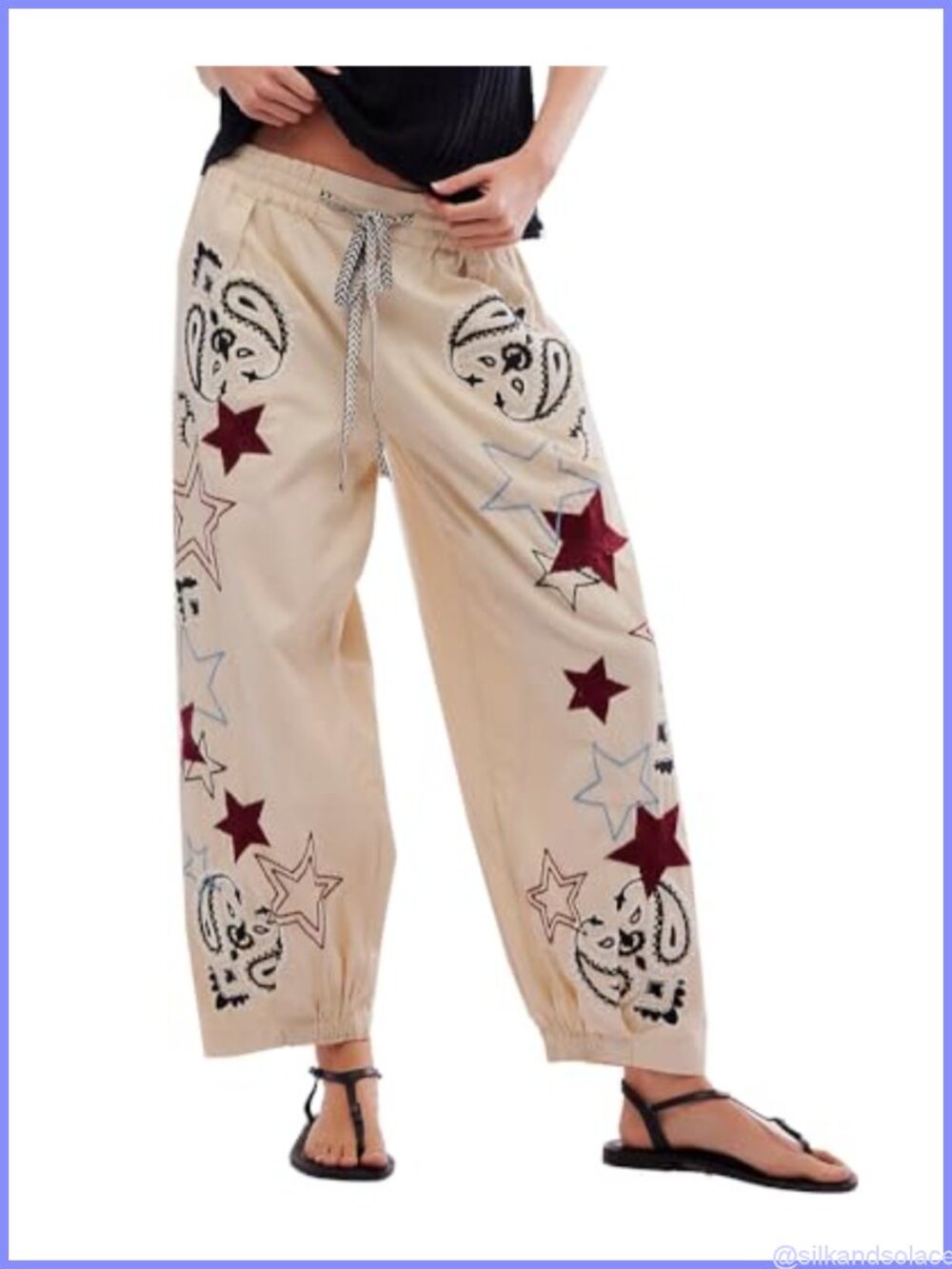 Mid Rise Barrel Wide Leg Embroidered Jeans Pull On Baggy Denim